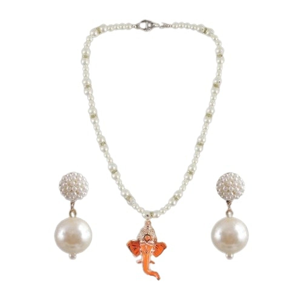 Gold-Plated Pearl Ganesh Pendant Necklace & Earrings (jewellery Set) image 2