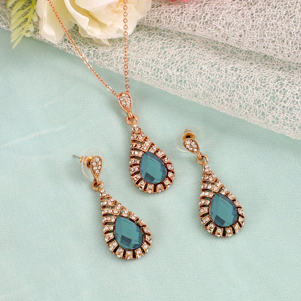 Gold-Plated Green Crystal Retro Drop Necklace & Earring (Jewellery Set) image 2