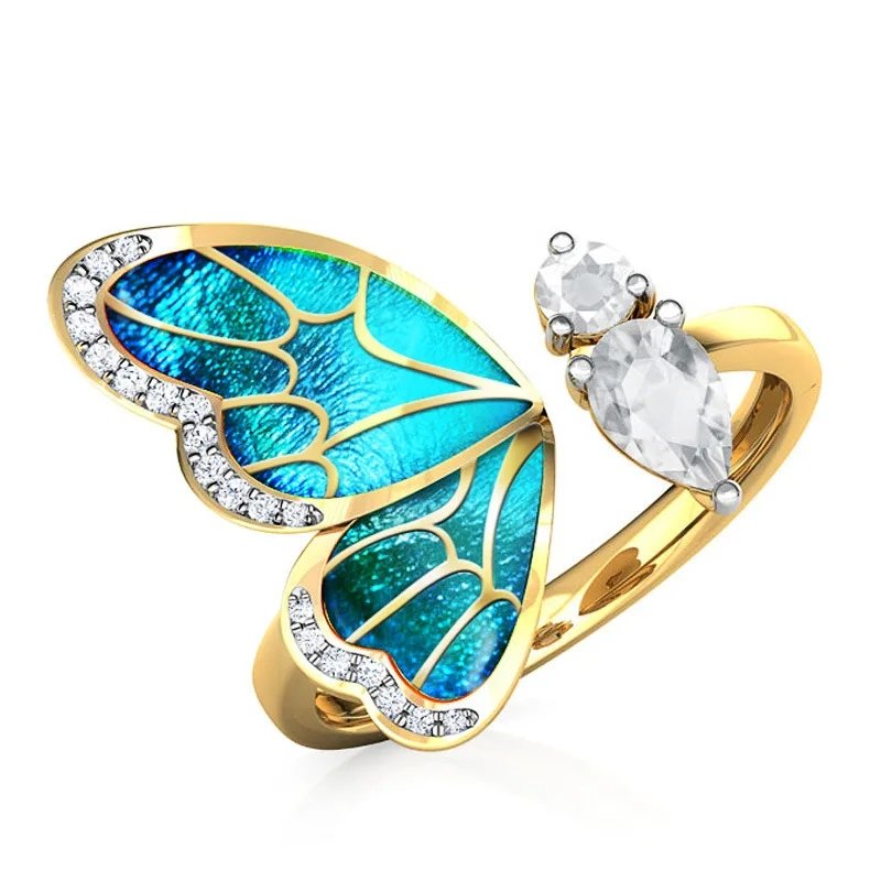 Gold-Plated Crystal Studded One Wing Blue Butterfly Ring image 3