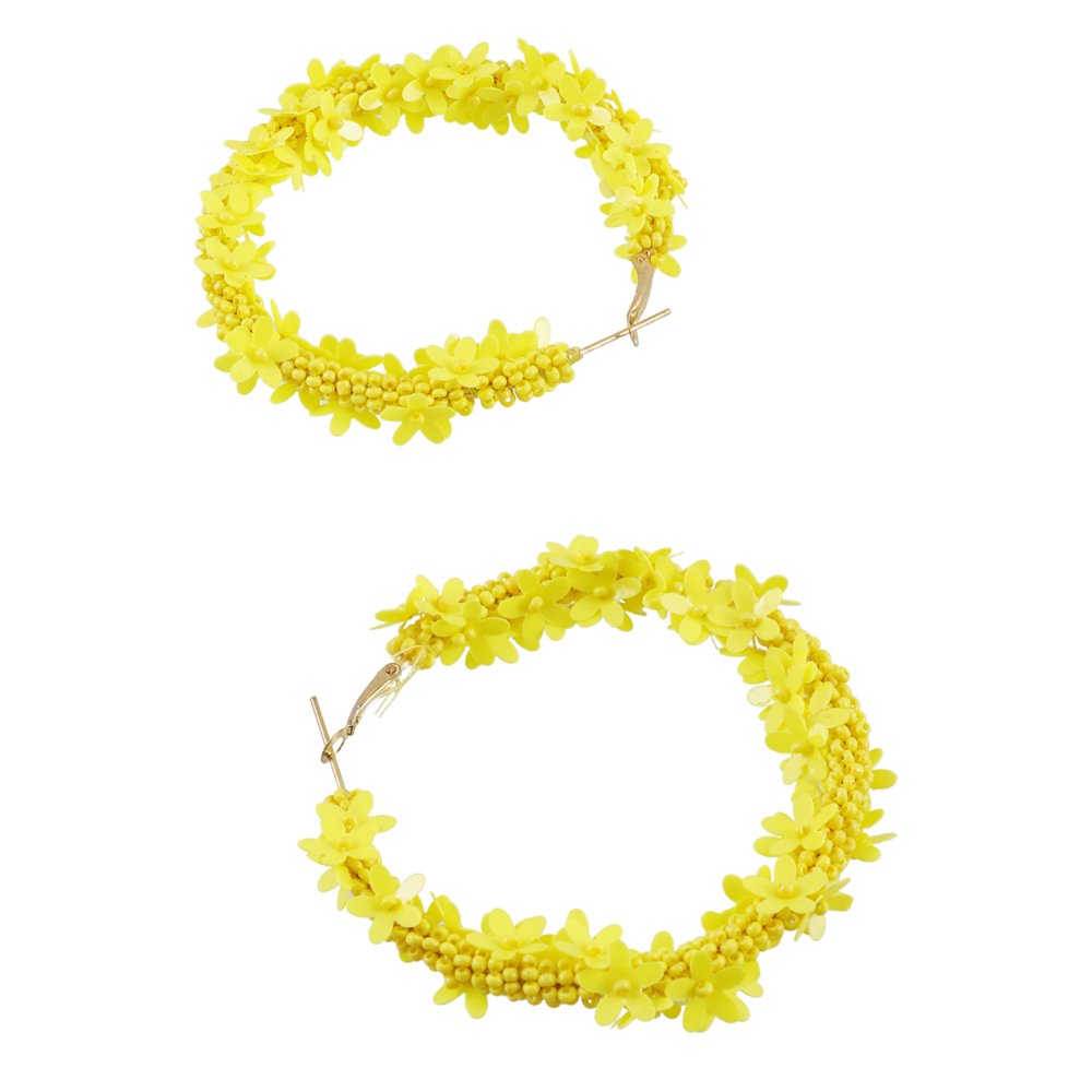 Handcrafted Yellow Floral Beaded Hoop Earrings image 1