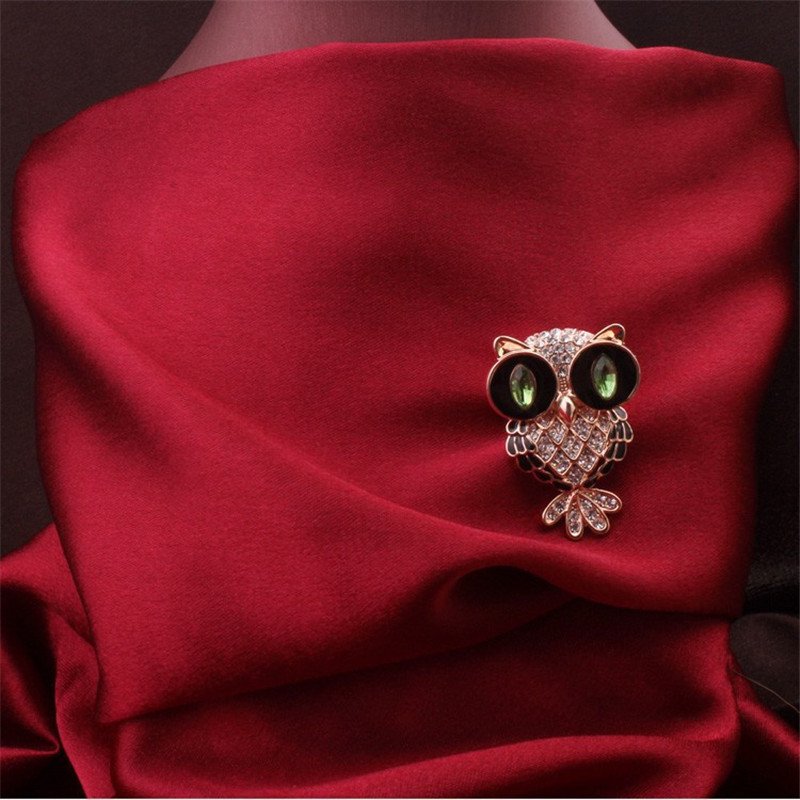 Gold-Tone Green-Eyed Crystal Owl Brooch image 1