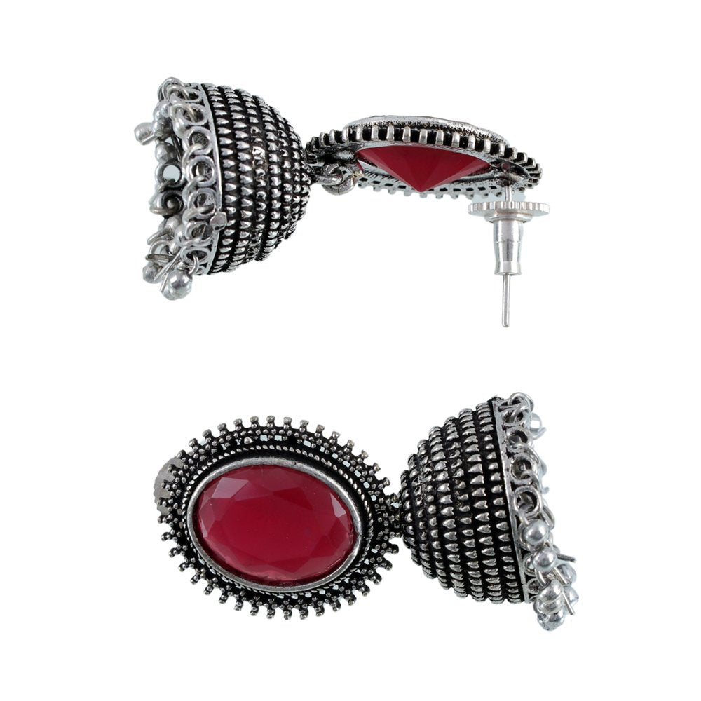 Oxidised Silver Red Stone Dome Jhumka/Jhumki Earrings image 3