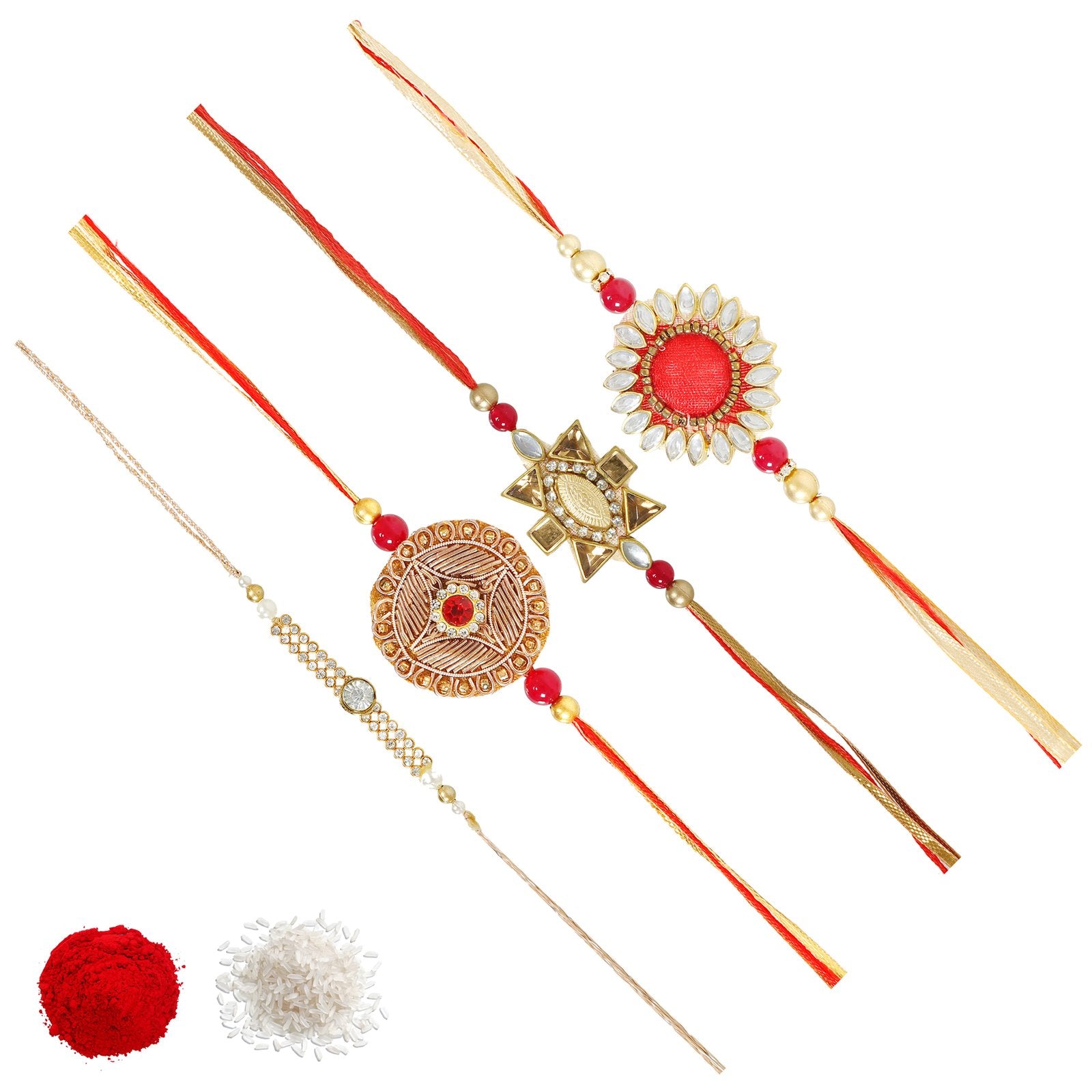 Set of 4 Combo Kundan Zari Beaded Men's Rakhi Set For Brothers With Roli & Chawal image 3