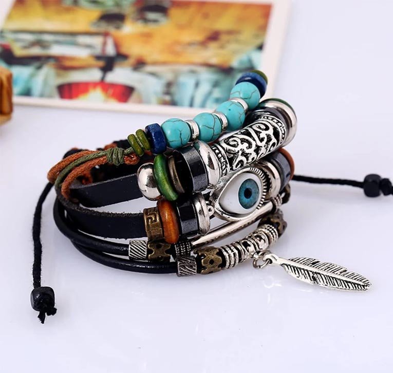 Blue Evil Eye Multi-Color Leather Wrap Bracelet image 0
