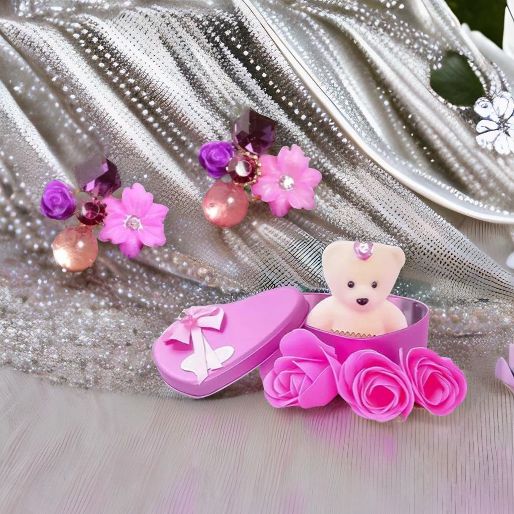Stud Earring With Pink Teddy Bear Gift Combo Set image 1