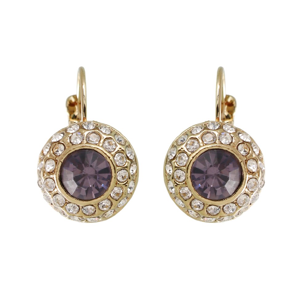 Purple Stone-Studded Gold-Plated Clip-On Lever-Back Drop Earrings image 2