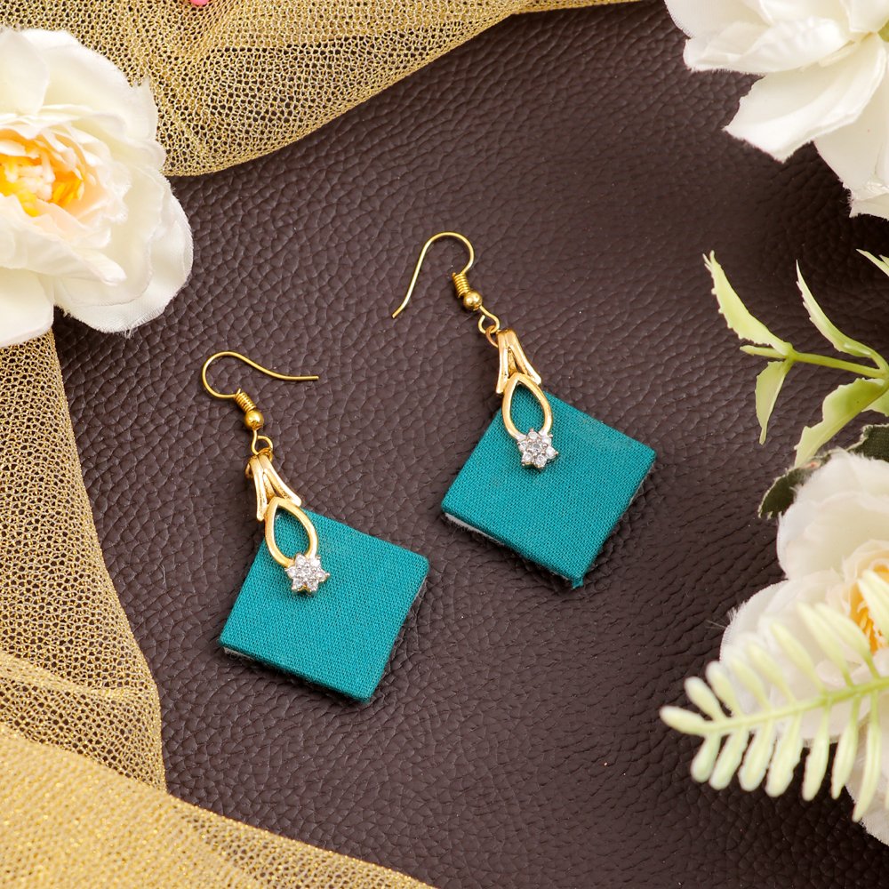 Handmade Cubic Zirconia Turquoise Blue fabric Drop & Dangler Earrings image 0