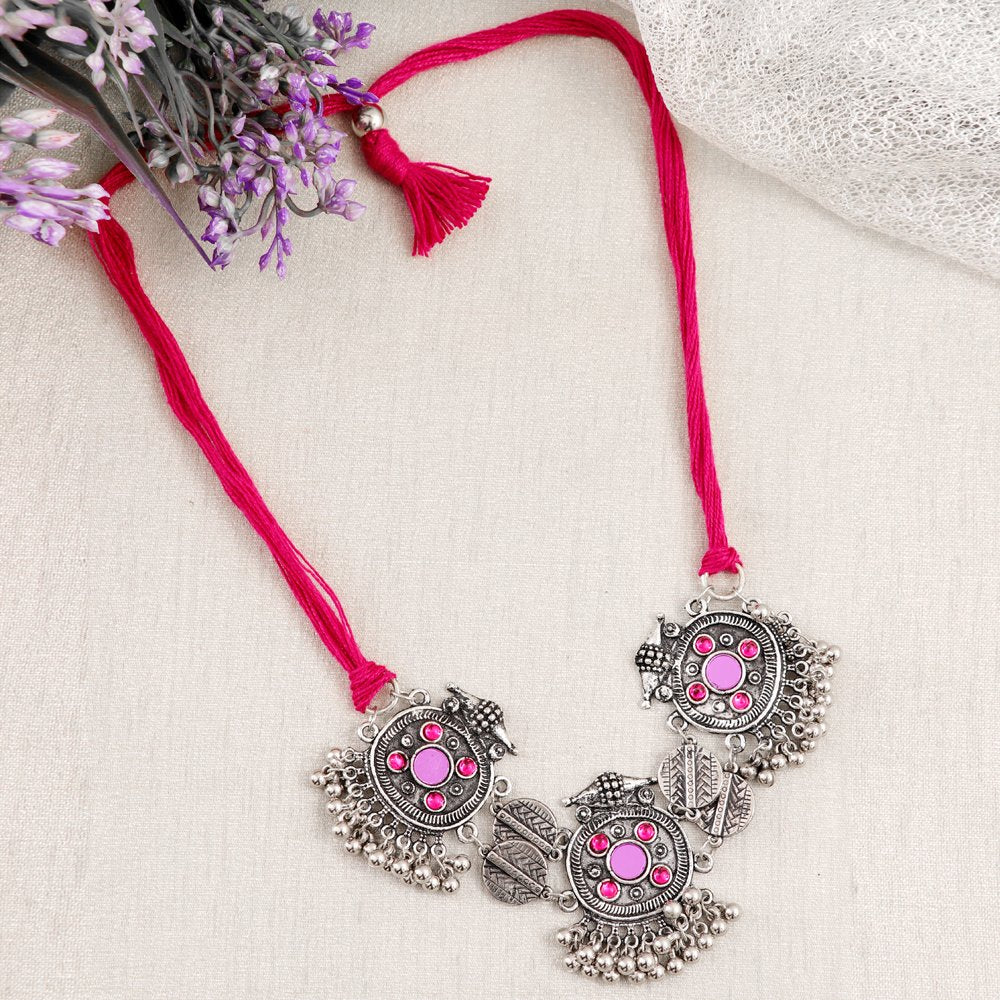 Oxidised Silver Boho Pink Stone Mirror Choker Necklace image 3