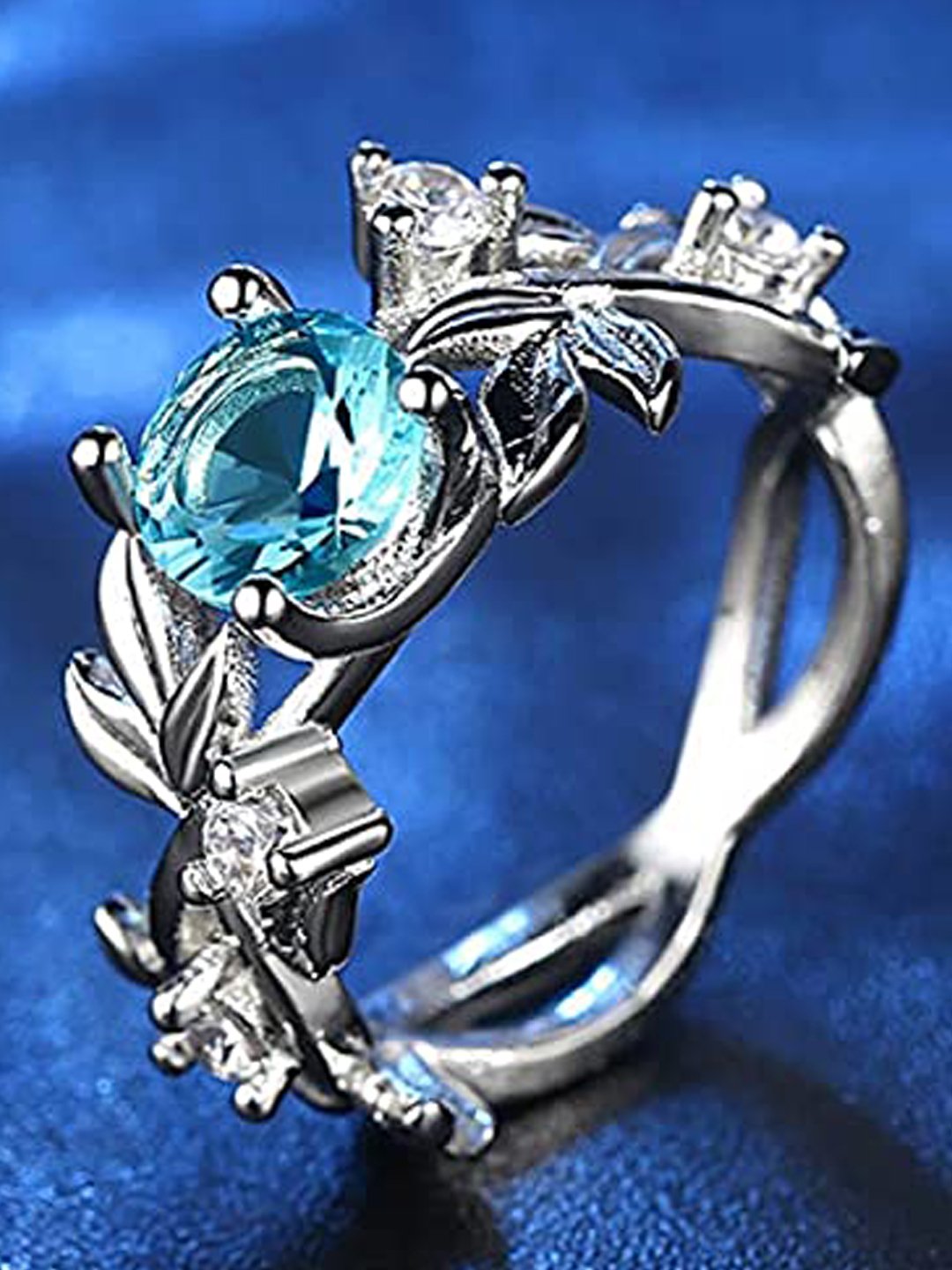 Silver-Plated Blue Crystal Floral Finger Ring image 1