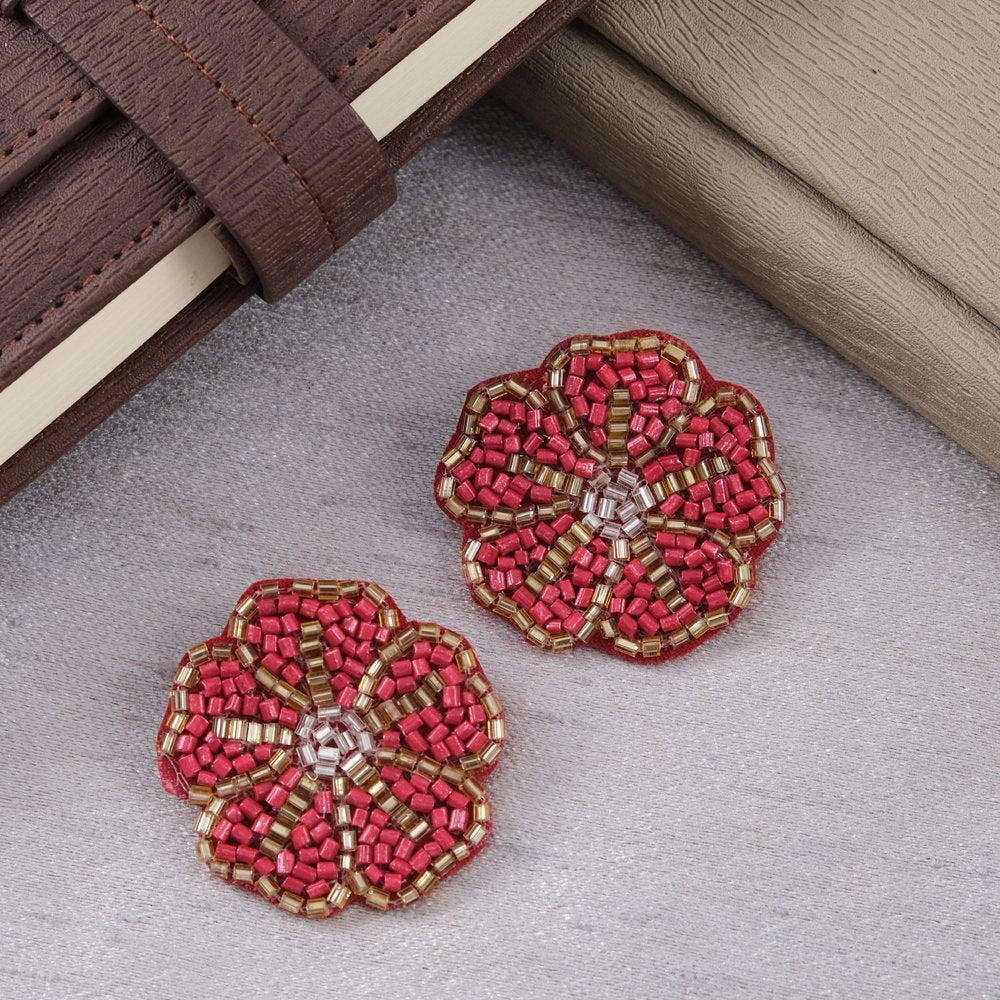 Handmade Red Floral-Beaded Stud Earrings image 3