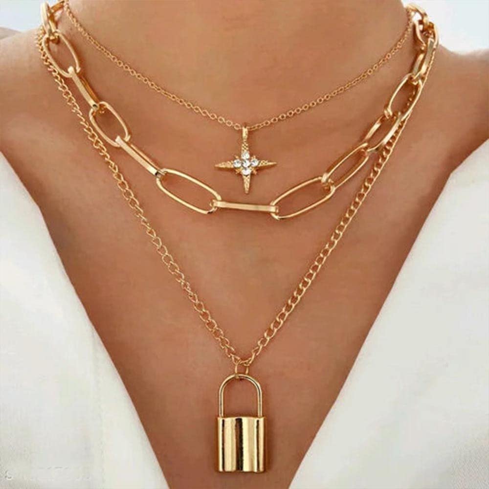 Gold-Plated Multilayer Star Lock Pendant Necklace For Women/Girl's image 1