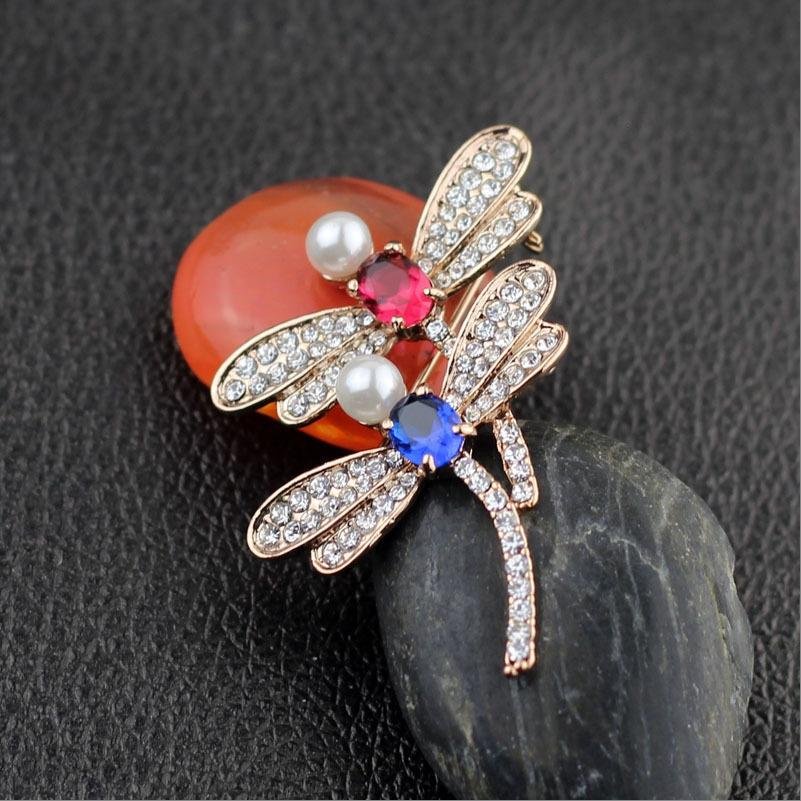 Gold-Plated Red& Blue Crystal DragonFly Dual Brooch For Womne/Girl's image 2