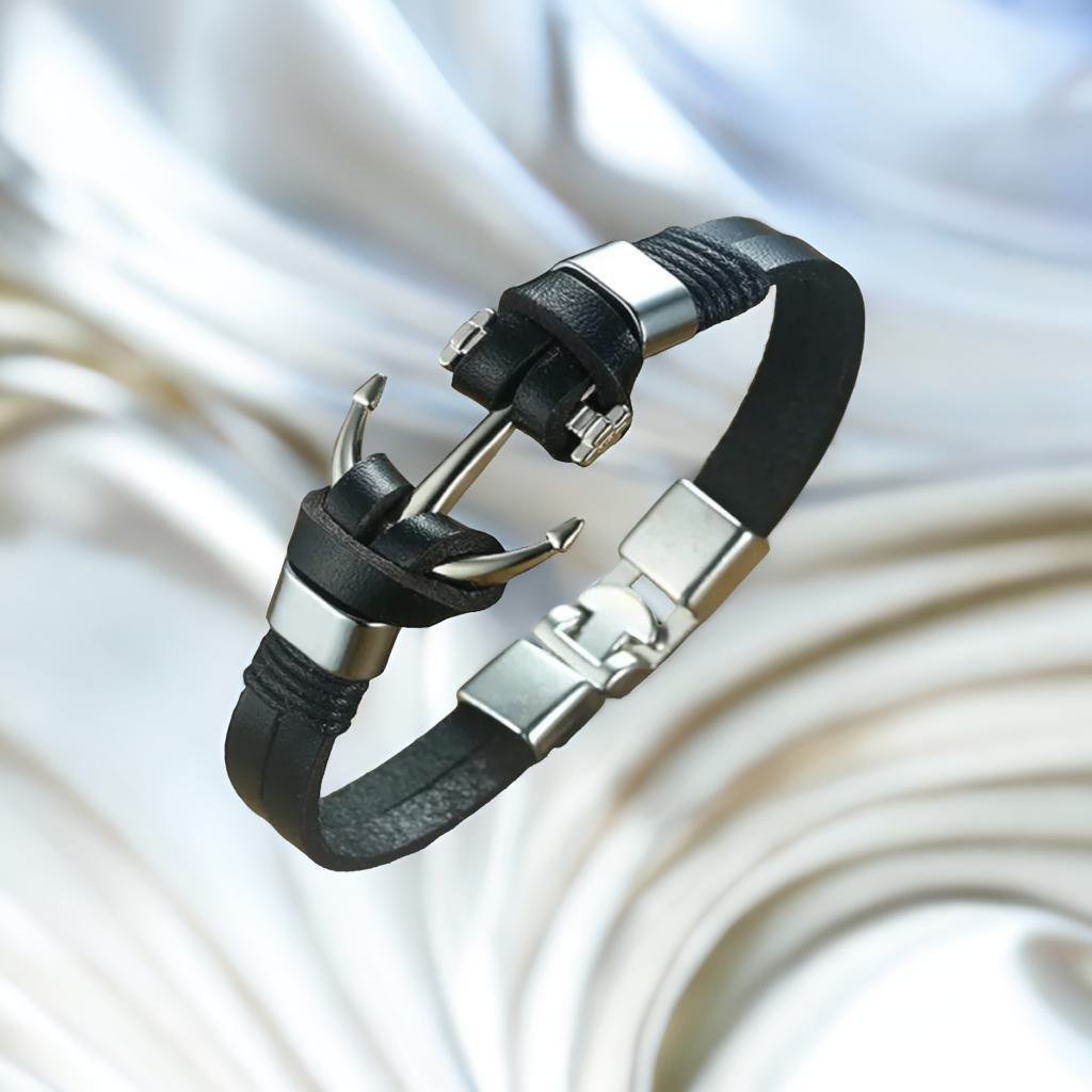 Unisex Silver-Plated Anchor Black Leather Bracelet image 7