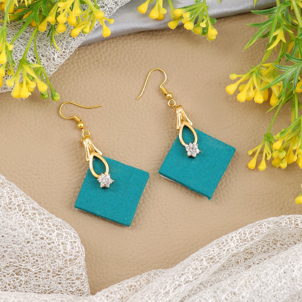 Handmade Cubic Zirconia Turquoise Blue fabric Drop & Dangler Earrings image 2