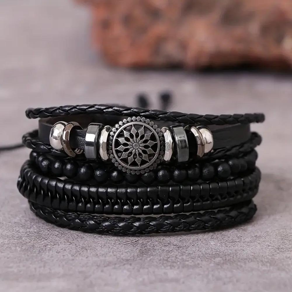 Men's Oxidised Silver Wheel Leather Black Beads Bracelet image 2