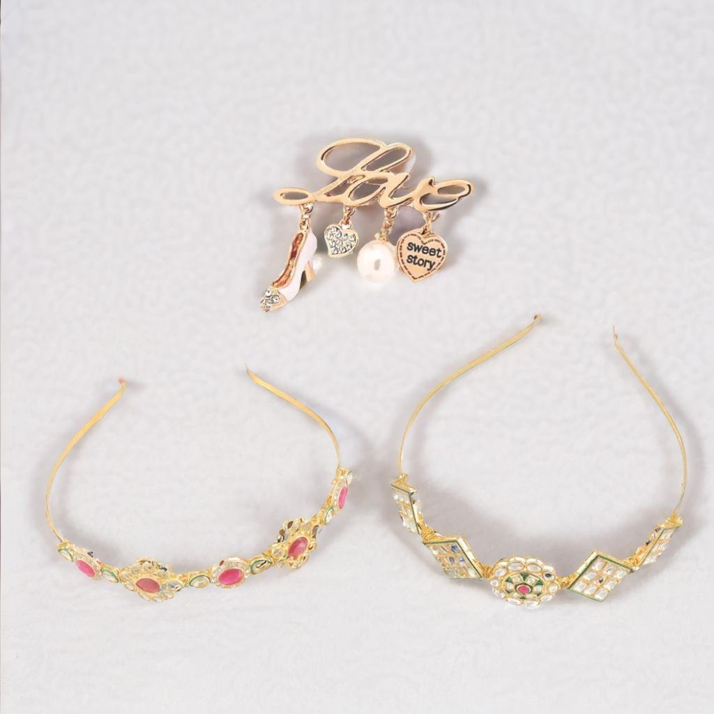 Kundan-Meenakari Floral Hairband Perfect Combo Set with Free Brooch Gift (Pack of-2) image 0