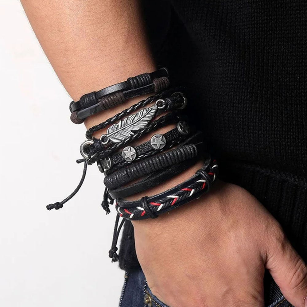 Men's Oxidised Silver Feather Black Leather Bracelets image 3