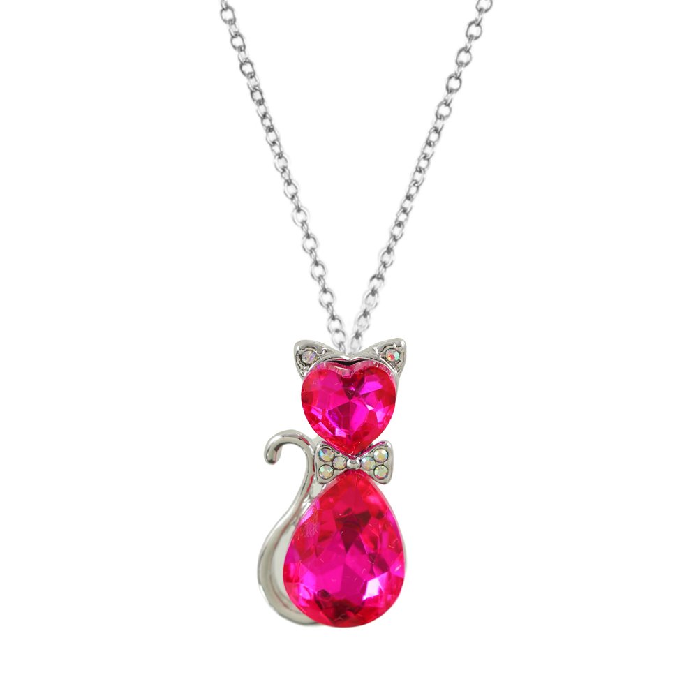 Silver-Plated Pink Crystal Cat Pendant Necklace image 1