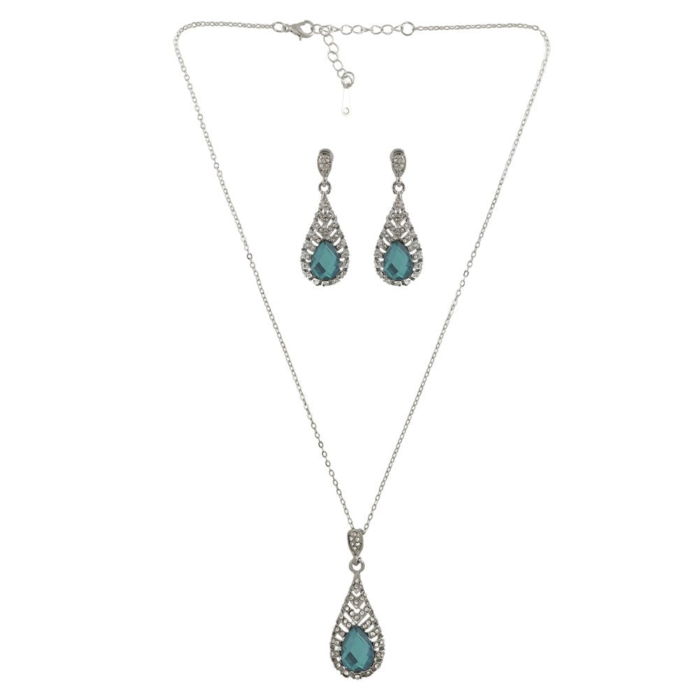 Silver-Plated Green Crystal Retro Drop Necklace & Earring (Jewellery Set) image 3