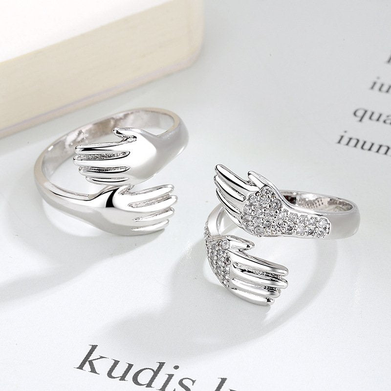 Sparkling Crystal Work Silver-Plated Hug Hands Combo Finger Ring image 2