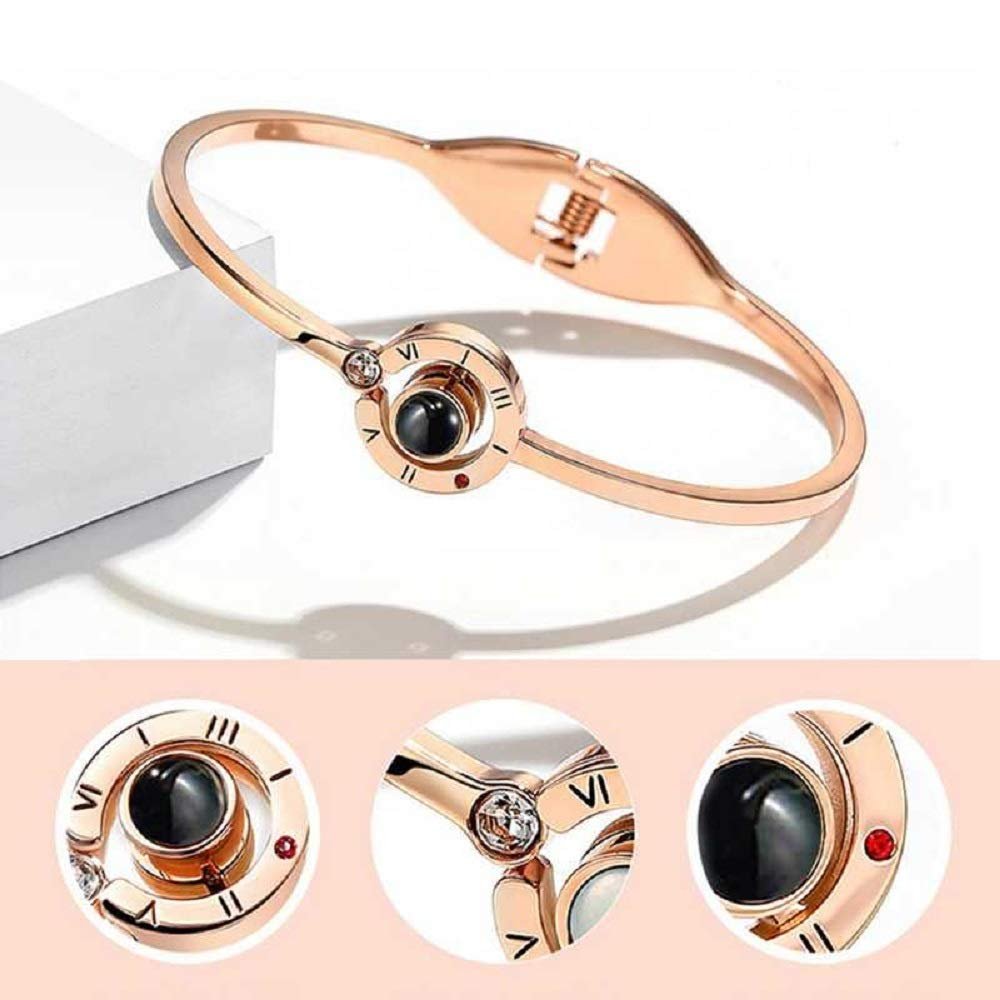 Rose-Gold Bracelet with 100 Language Black Crystal Clock image 3