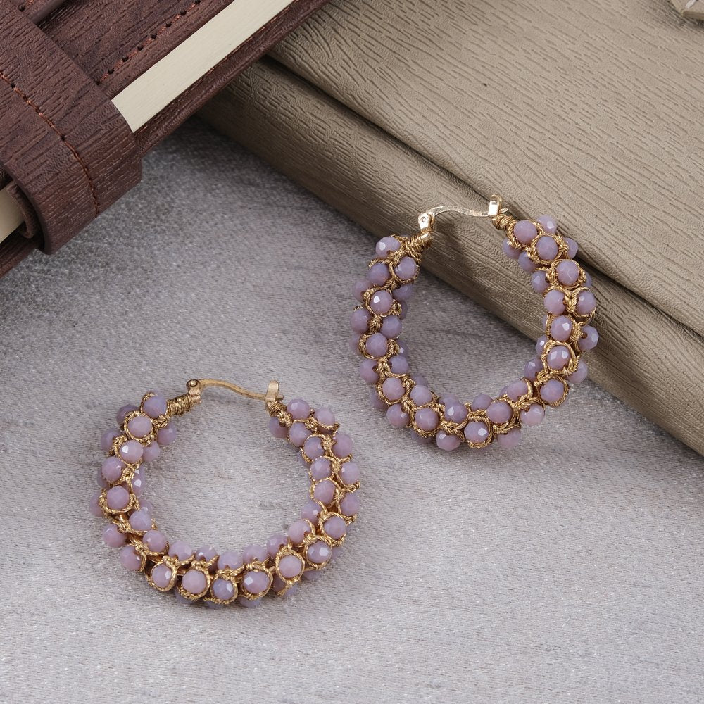 Elegant Gold-Tone Lavender Pearl Beaded Hoop Earrings for Women/Girls image 2