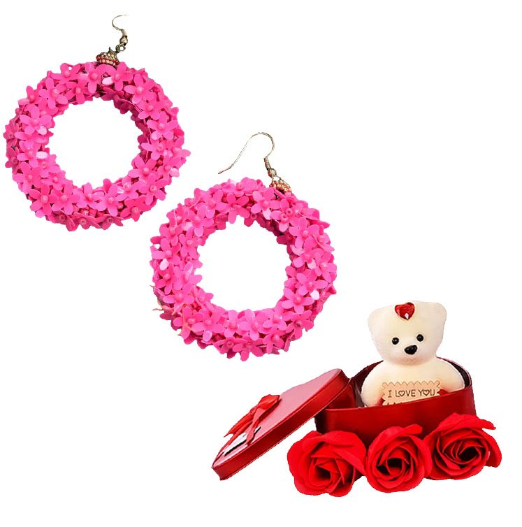 Combo for Women Pink Hoop Earrings & Red Teddy Bear image 3