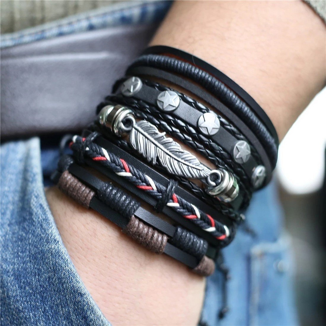Men's Oxidised Silver Feather Black Leather Bracelets image 1