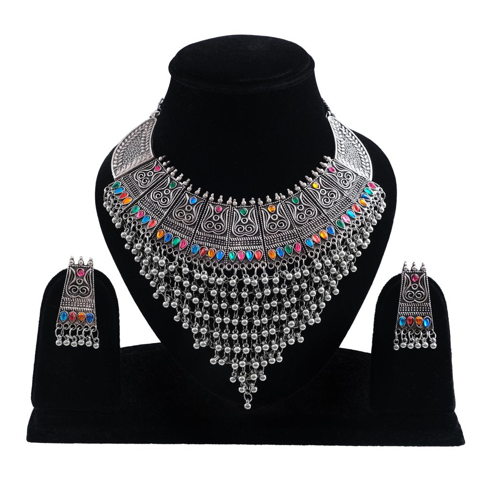 Oxidized Silver Traditional Multicolor Stone Jewelry Set For Women/Girl's image 2