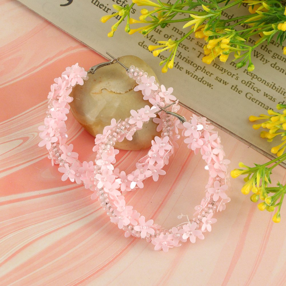 Handcrafted Pink Floral Beaded Hoop Earrings image 0