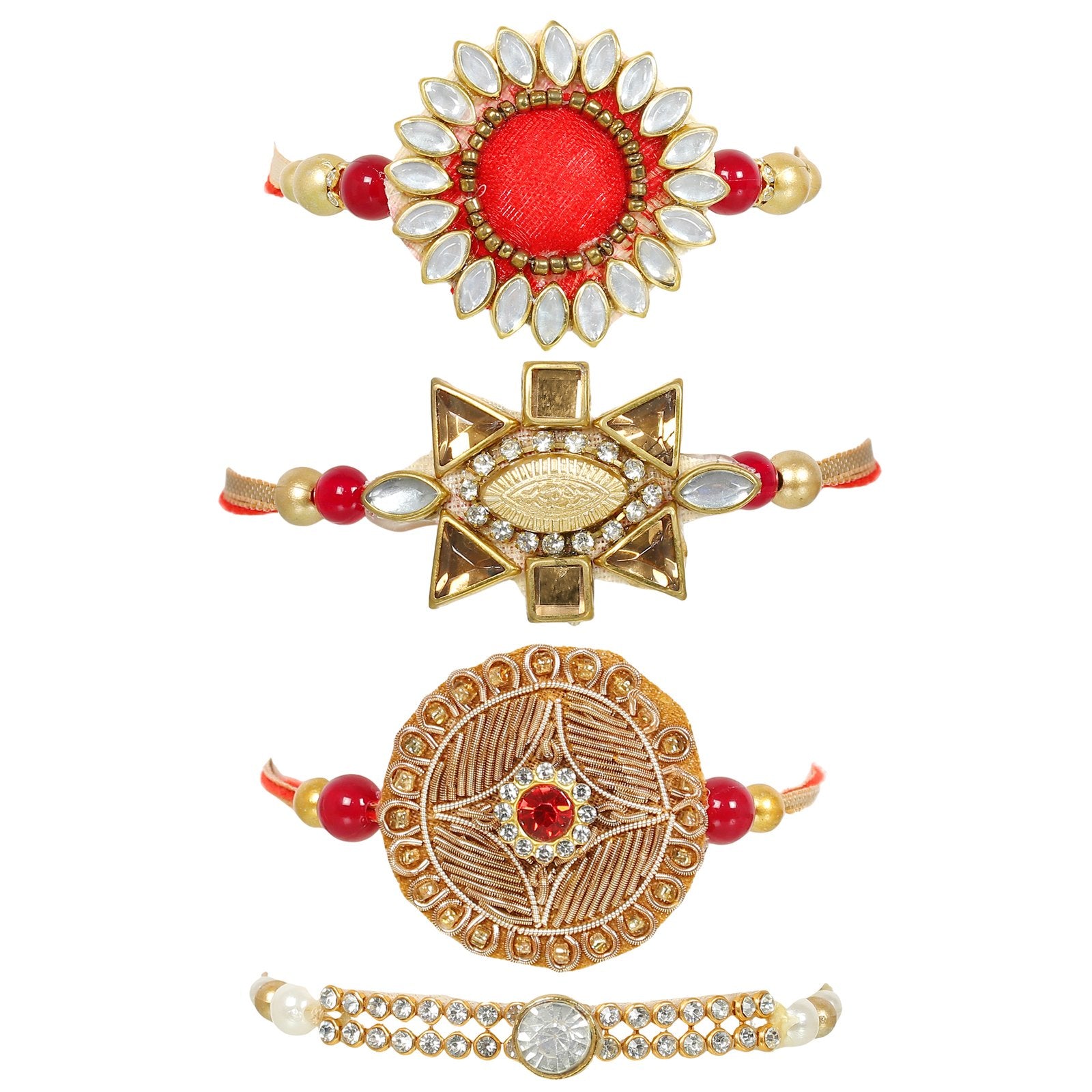 Set of 4 Combo Kundan Zari Beaded Men's Rakhi Set For Brothers With Roli & Chawal image 2