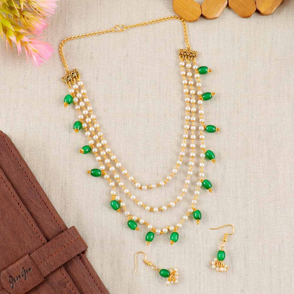 Gold-Plated Triple Layered Green & White Pearl Jewellery Set image 2