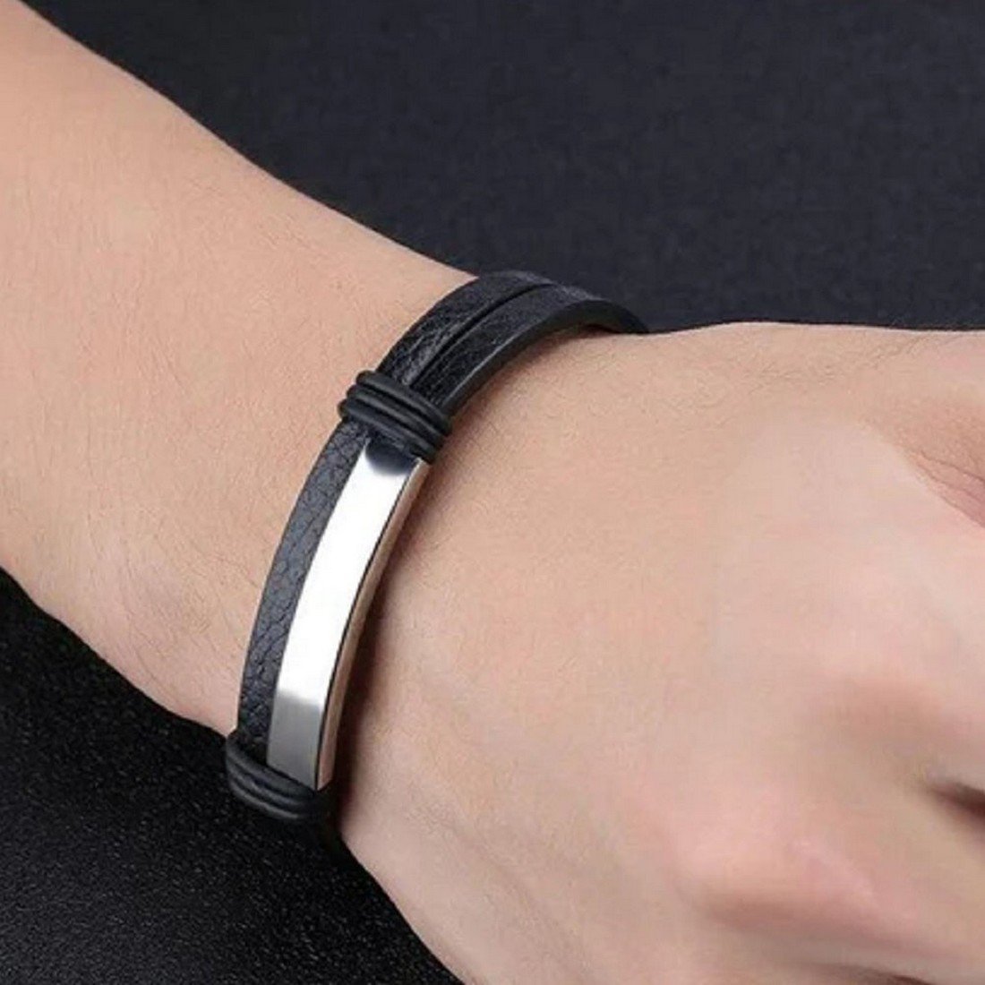 Bold Silver-Tone Double Wrap Black Bracelet for Men image 1