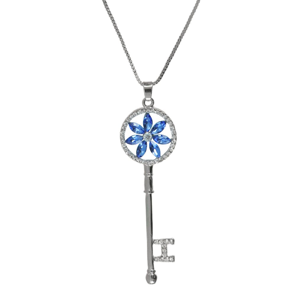 Silver-Plated Blue Crystal Stud Key Chain Pendant Necklace For Women/Girl's image 3