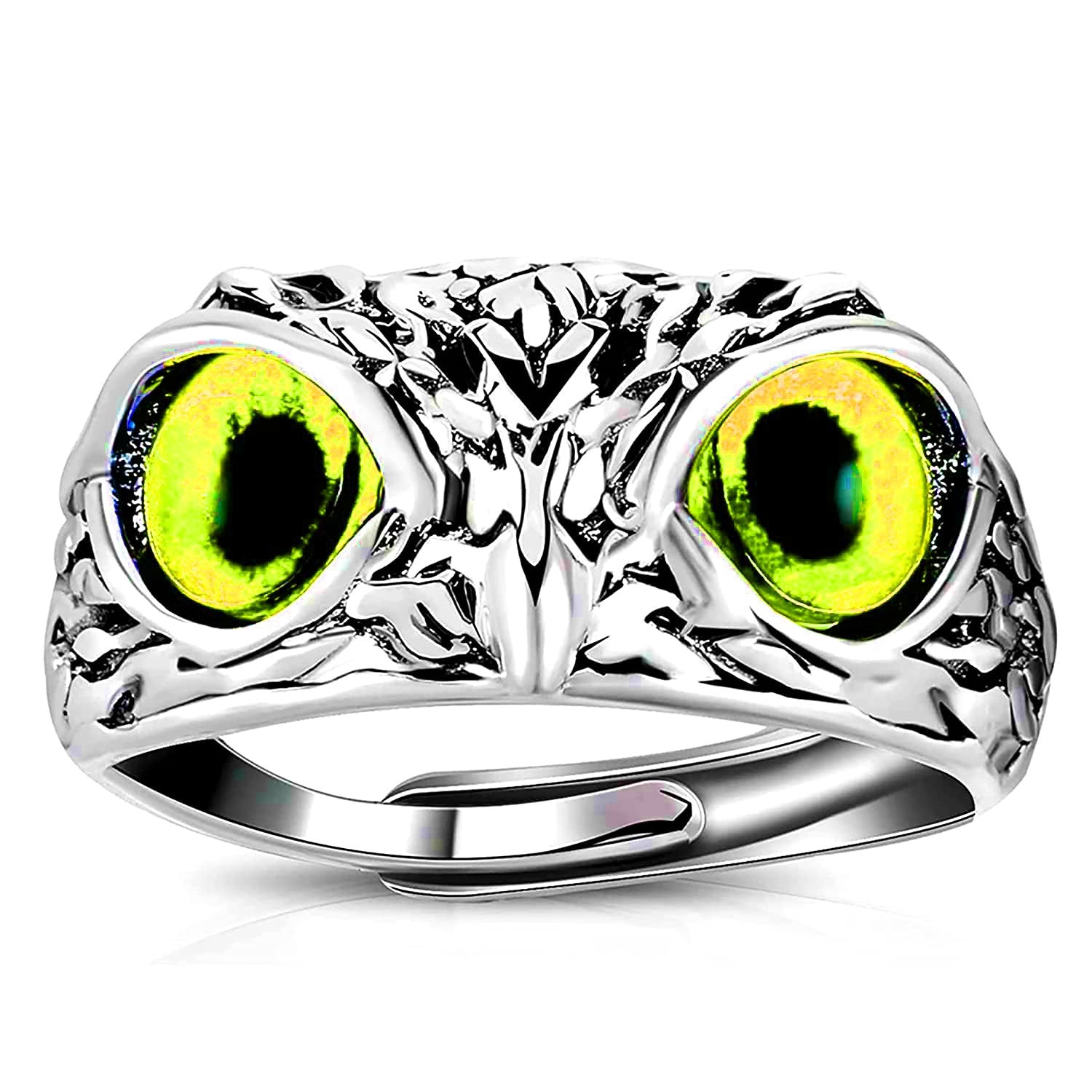 Oxidised Silver Owl Ring Yellow Cat Eyes Adjustable Finger Ring image 1