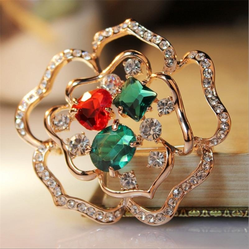 Gold-Plated Red & Green Floral Brooch Cum Saree Pin For Women/Girls image 3