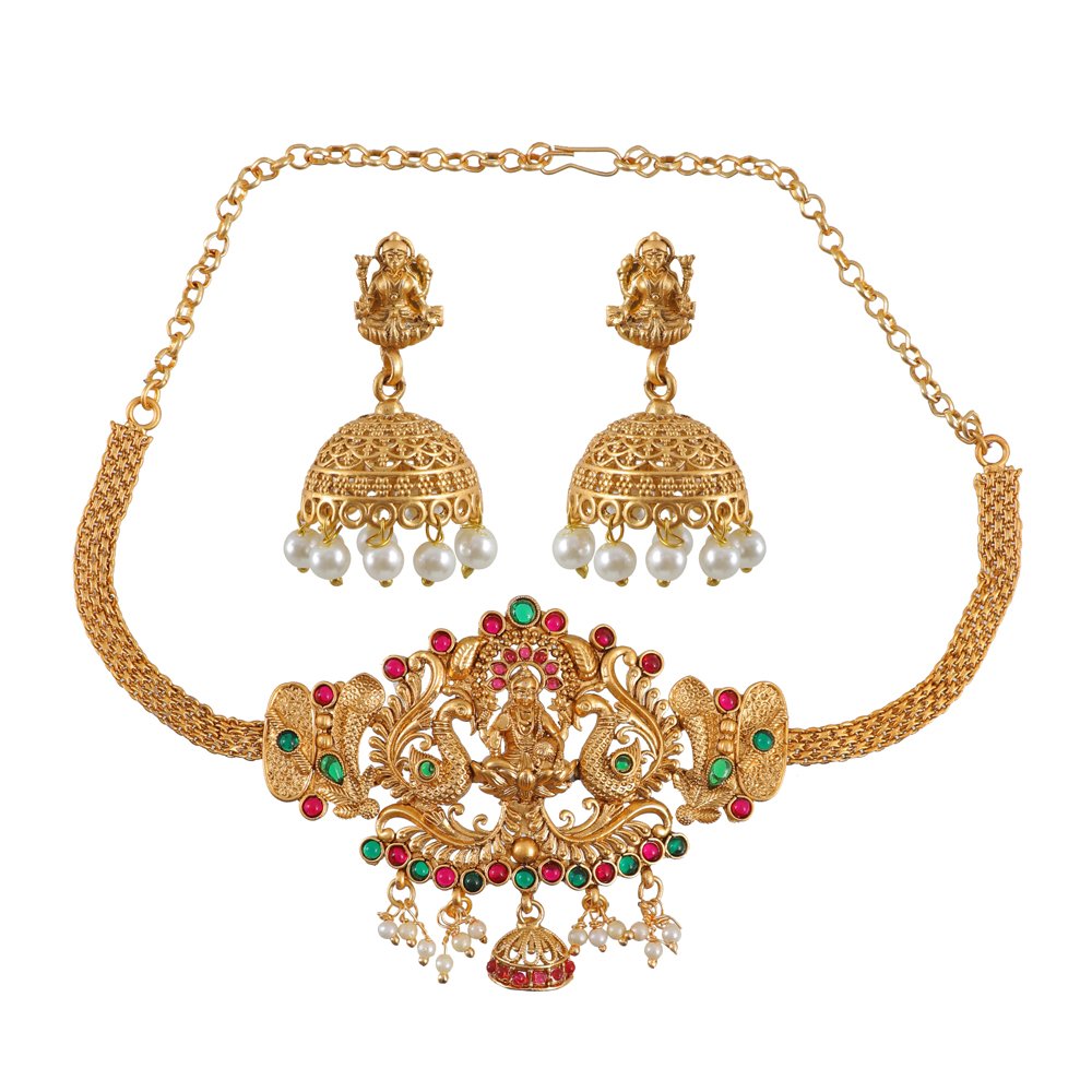 Women's Gold-Plated Goddess Lakshmi Temple Choker Jewellery Set image 1