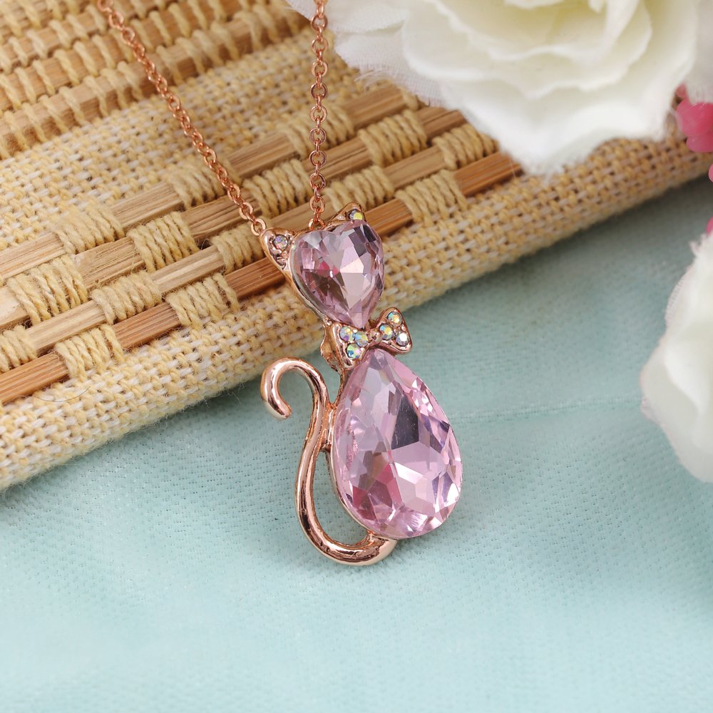 Gold-Plated Light Pink Crystal Cat Pendant Necklace image 2