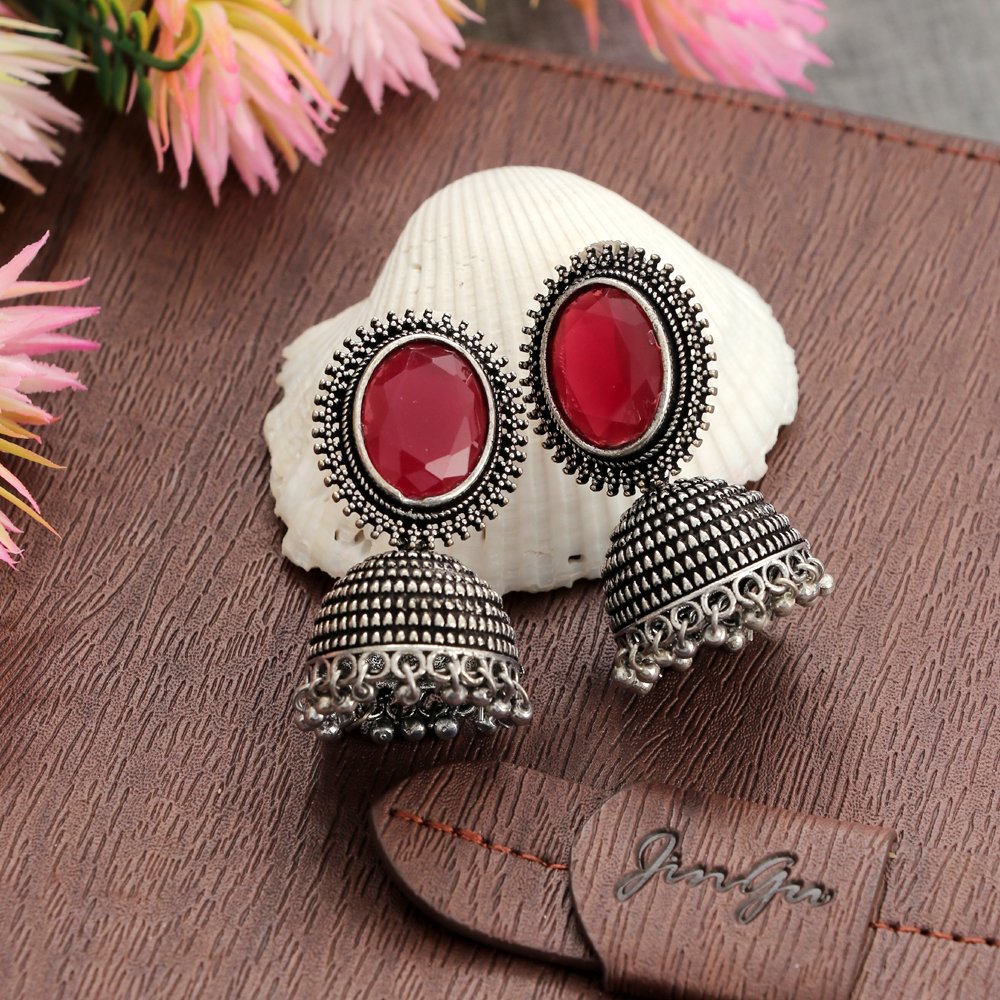 Oxidised Silver Red Stone Dome Jhumka/Jhumki Earrings image 0