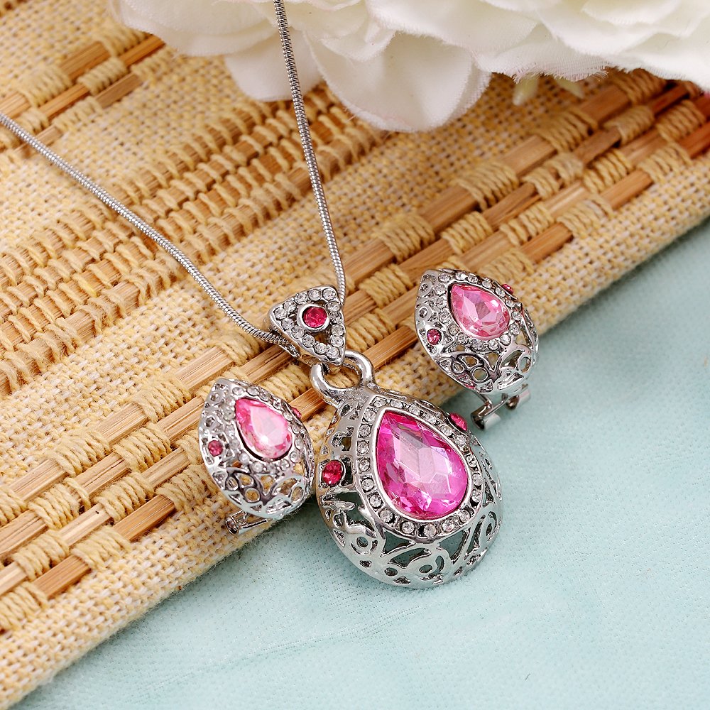 Silver-Plated Crystal Pink Teardrop Pendant Necklace and Earrings Set image 1