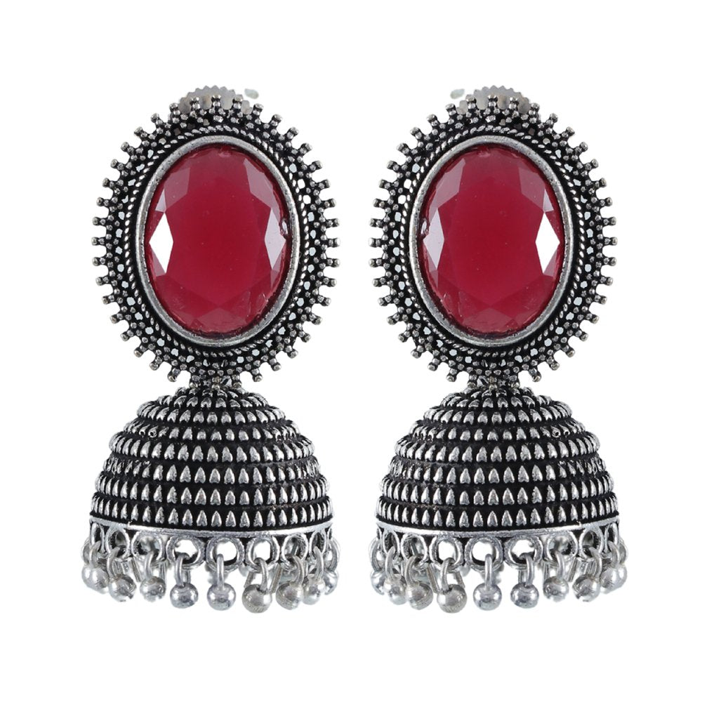 Oxidised Silver Red Stone Dome Jhumka/Jhumki Earrings image 4
