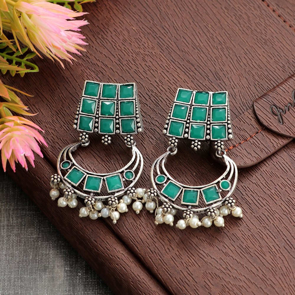 Oxidised Silver Green Stone Stud Earring For Women/Girl's image 2
