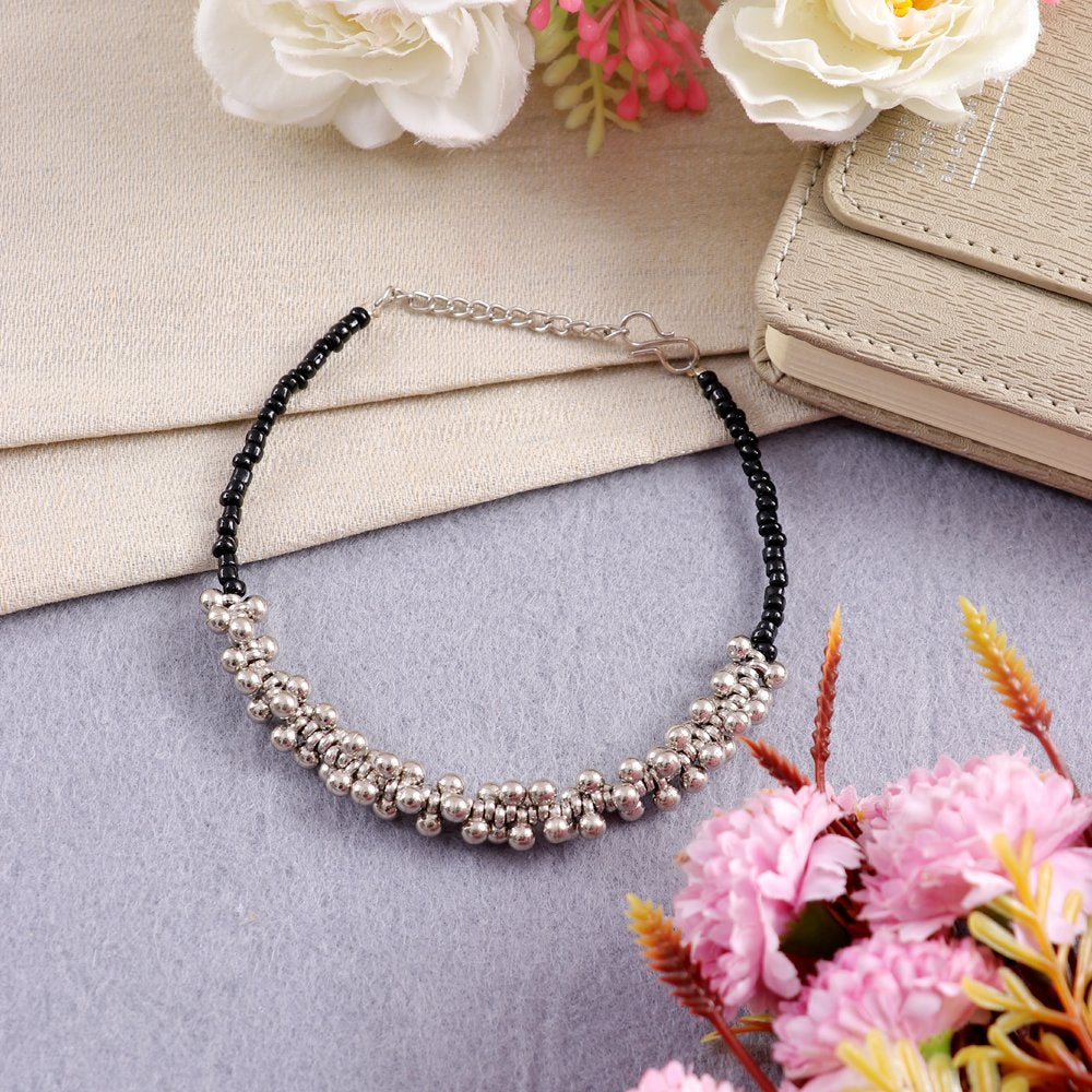 Silver-Plated Black Beaded Ghunghroo Anklet For Women & Girls image 2