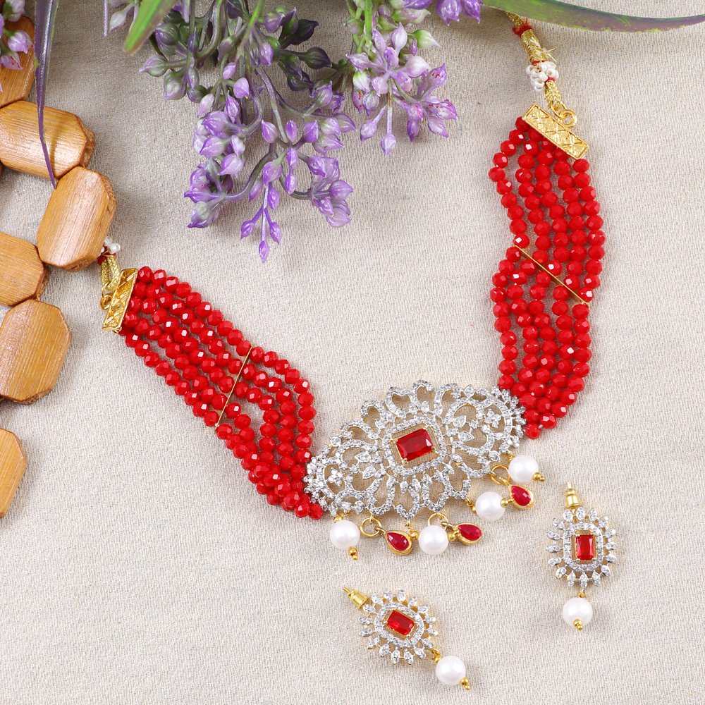 Women's Gold-Plated Red AD-Studded Beaded Multilayer Choker Jewellery Set image 2