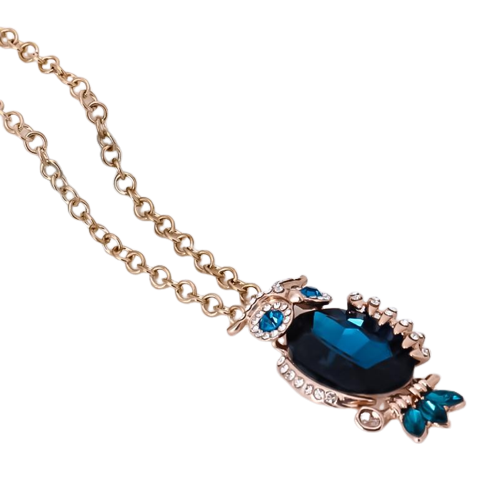 Gold-Plated Blue Crystal Owl Pendant Necklace image 1