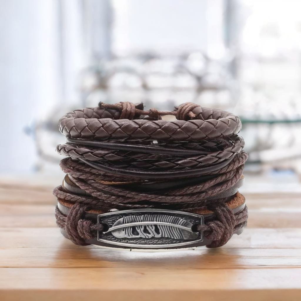 Bohemian Men's Oxidized Silver Feather Multistring Wrap Bracelet image 0