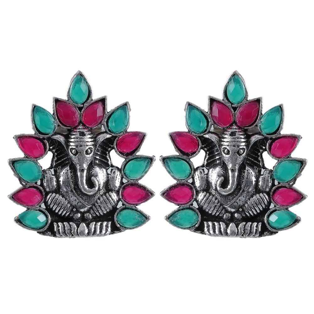 Oxiidsed Silver Red & Green Ganpati Drop Earrings image 4