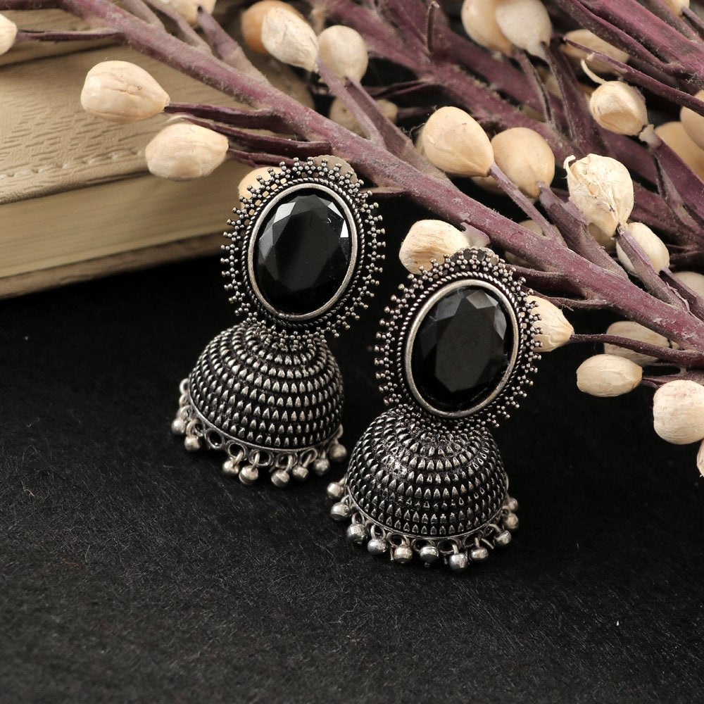 Oxidised Silver Black Stone Dome Jhumka-Jhumki Earrings image 0