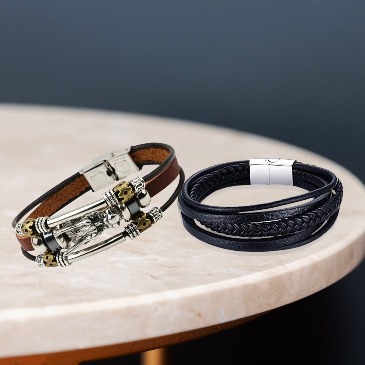 Men's Leather Silver-plated Black-Brown Bracelet Combo (Pack of 2) image 1