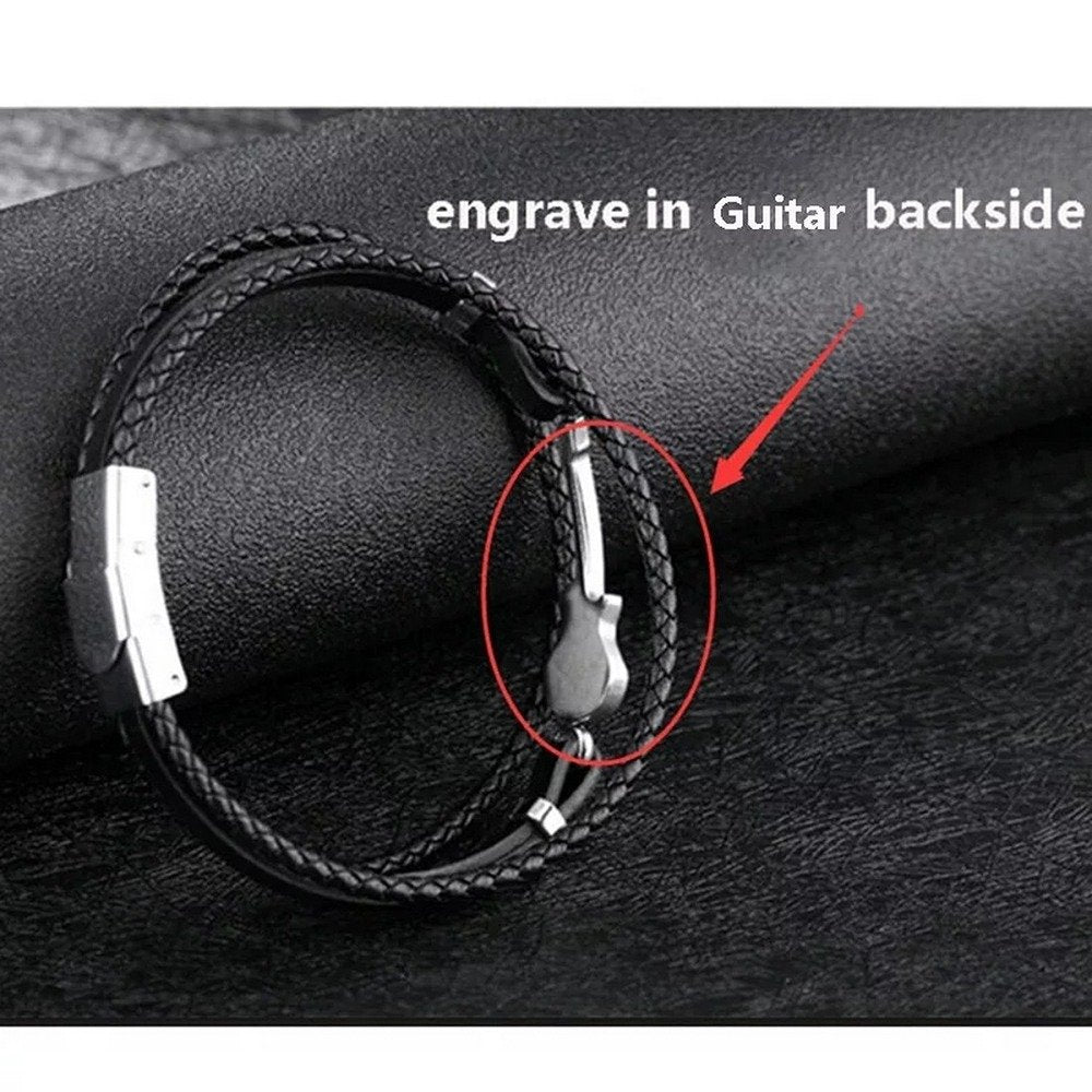 Silver-Plated Guitar Motif on Black PU Leather Bracelet for Men image 1